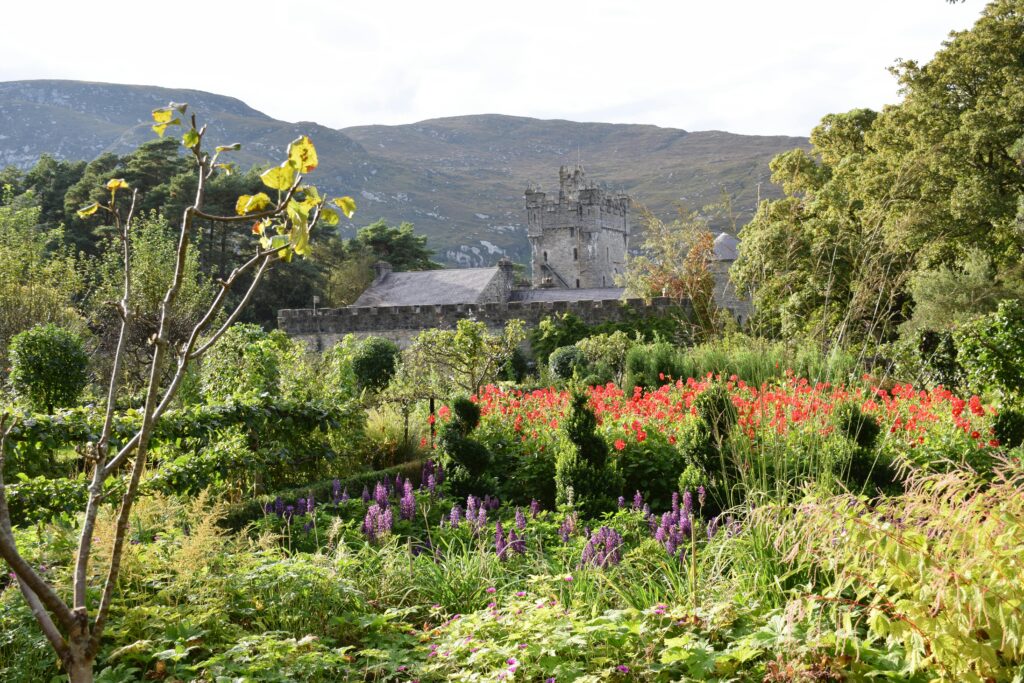 Flowers in bloom and view of castle in the background