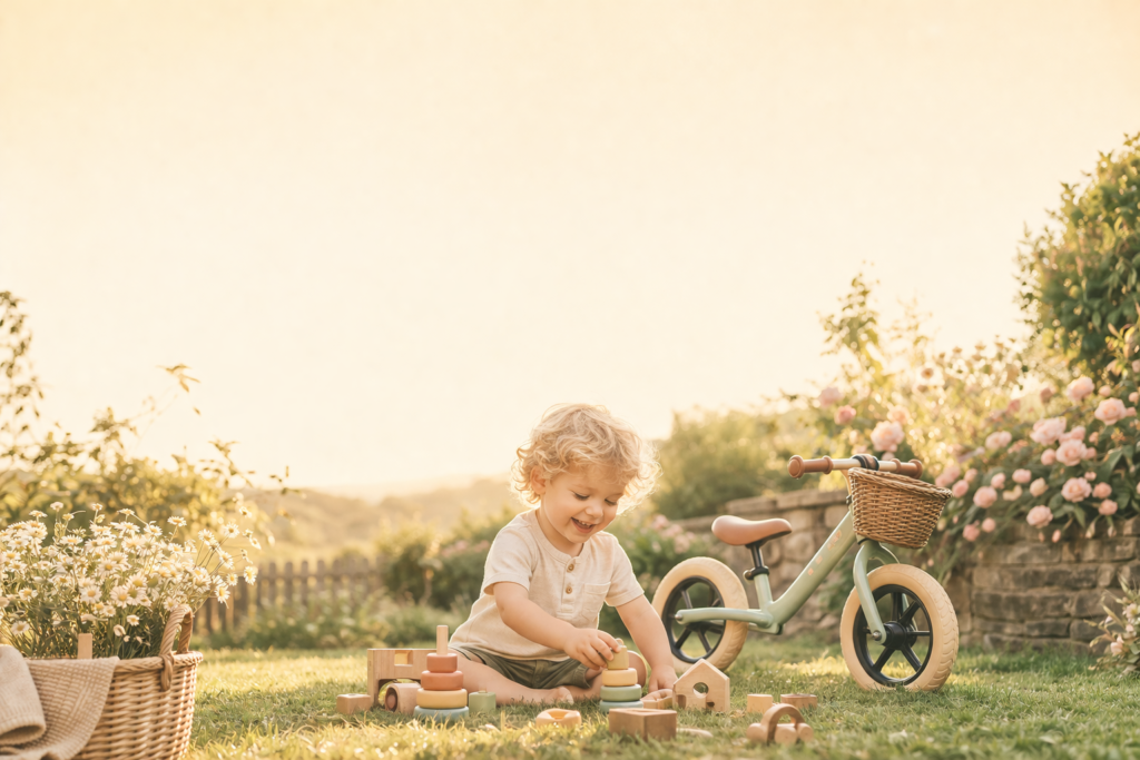 Little boy playing outdoors with a balance bike next to him