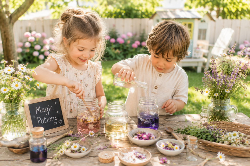 A boy and girl outdoors making 'magic potions'