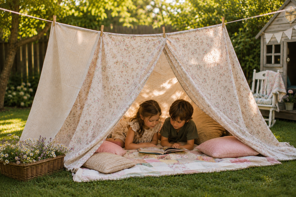 Kids outdoors in a blanket fort